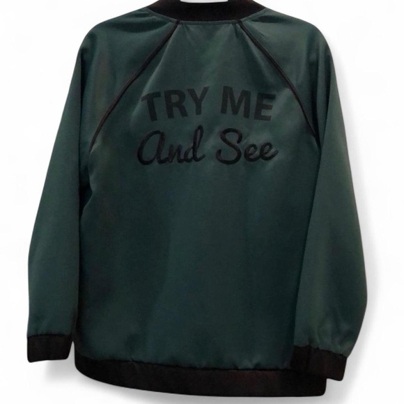 Twiin Jackets & Blazers - NWT Evil Twin Women's ‘Try Me’ Retro Hunter Green Satin Bomber Jacket — SMALL